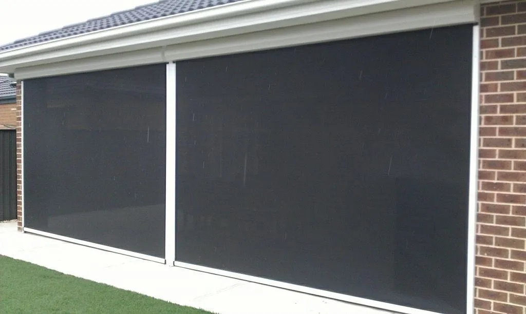 Outdoor blinds black two panel installation by SupaScreens.